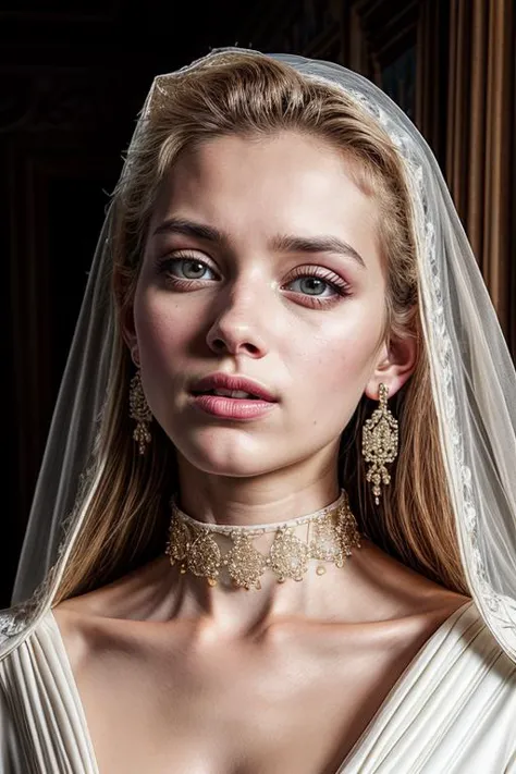 a woman in a wedding dress with a veil and earrings