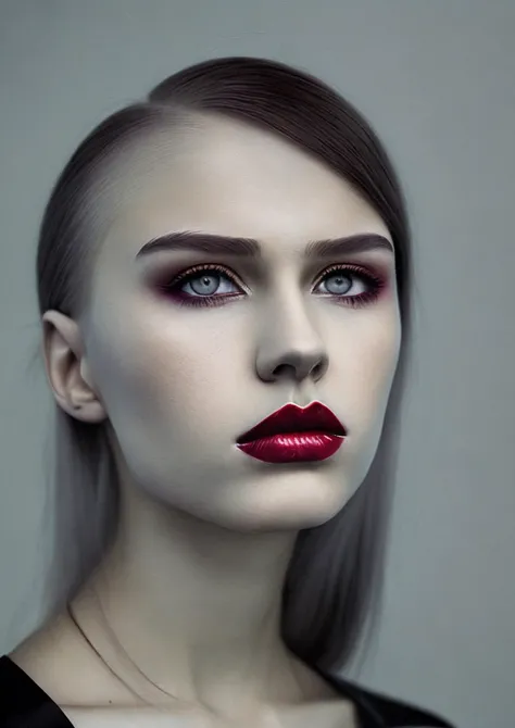 a woman with a red lipstick and a black dress