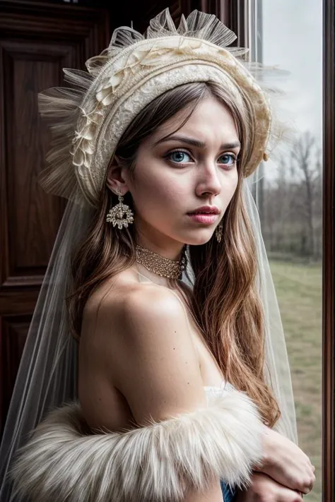 a close up of a woman wearing a veil and a dress