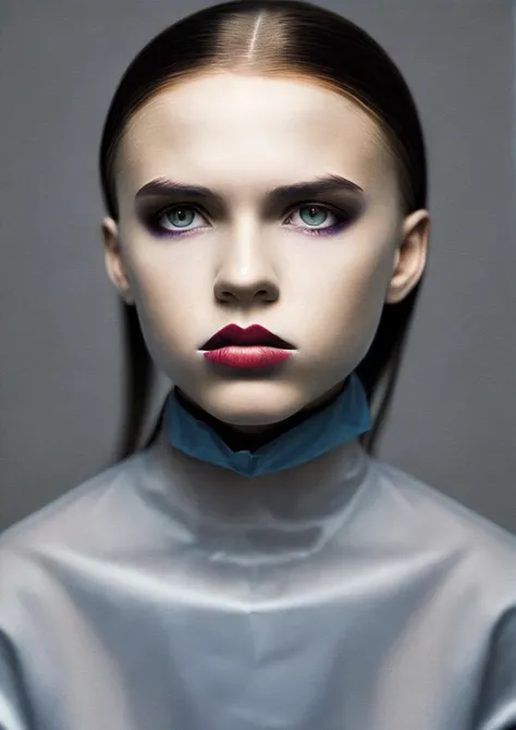 a woman with a blue collared shirt and a red lipstick