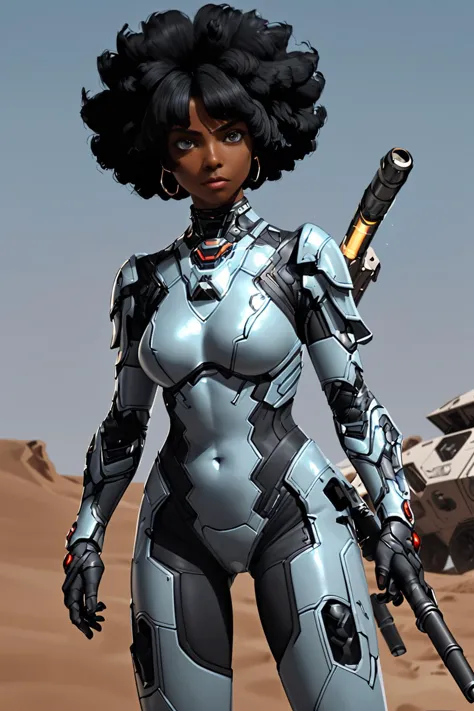 1woman, mechaarmor, short afro, dark skin, black hair, beautiful face,scifi, (pointing weapon:1.2), battlefield, scouter, eyepiece