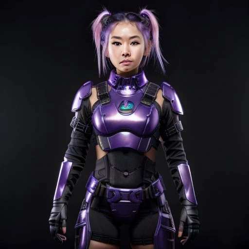 (8k uhd, masterpiece, best quality, high quality, absurdres, ultra-detailed) 1girl, (full body),
21 years old, Japanese ethnically she's Asian,  
light skin, light purple hair tied into a small messy bun, 
black mechaarmor mechaarmor