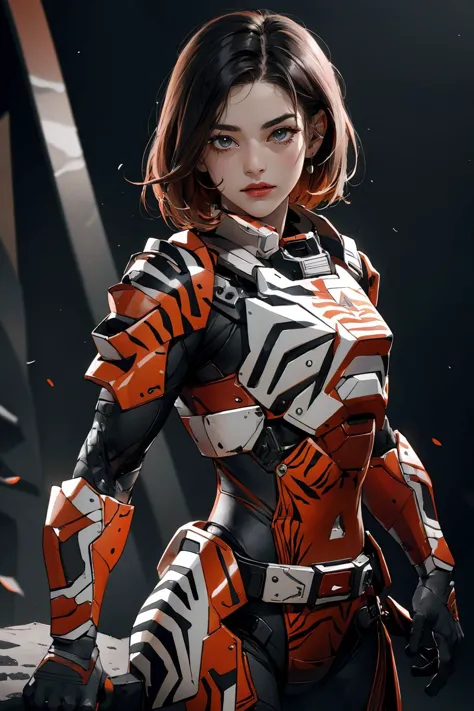 (best quality, masterpiece), 1girl, medium hair, looking at viewer, mechaarmor, TigerstripeAI