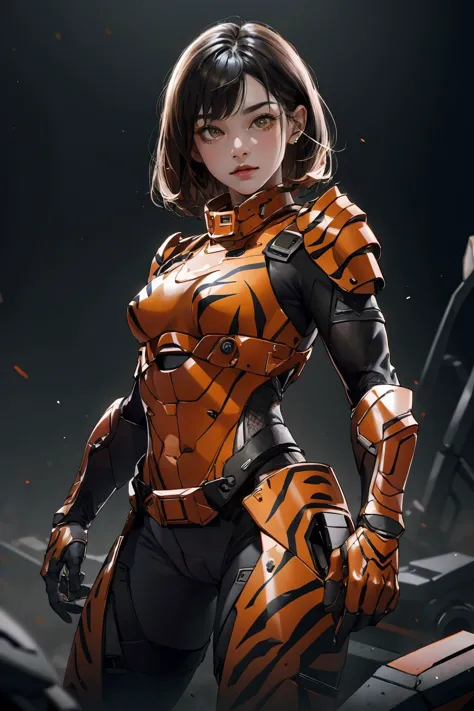 (best quality, masterpiece),TigerstripeAI, 1girl, medium hair, looking at viewer, yellow  mechaarmor,