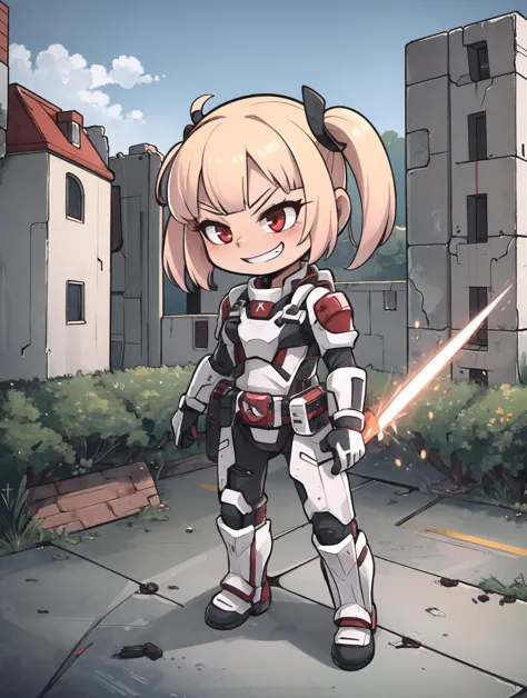 masterpiece, best quality,
chibi,
ruins, cloudy sky,
1girl, cowboy shot, fighting stance, evil grin, firing, arm cannon, laser,
pink mechaarmor, armor, short twintails, red eyes, blonde hair,
<lora:mechaarmor_v0.7:0.8>