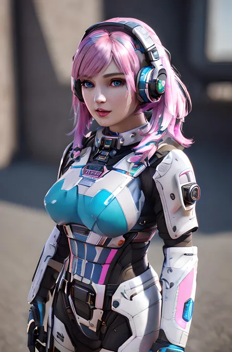 analog style, photo of a girl, (1girl, mechagirl), android girl, (multicolored hair, bob hair), ((pretty  face: 1.7, perfect face:1.5)),
(huge breasts),  pale skin, painted face, pink and blue,white, twin tails, ((mechaarmor)), headphones,  another planet, paint bucket,  8k, 3d, ((full body picture)), (best quality:1.5, hyperrealistic:1.5, photorealistic:1.4, madly detailed CG unity 8k wallpaper:1.5, masterpiece:1.3, madly detailed photo:1.2), (hyper-realistic lifelike texture:1.4, realistic eyes:1.2), (octane render, unreal engine 5),