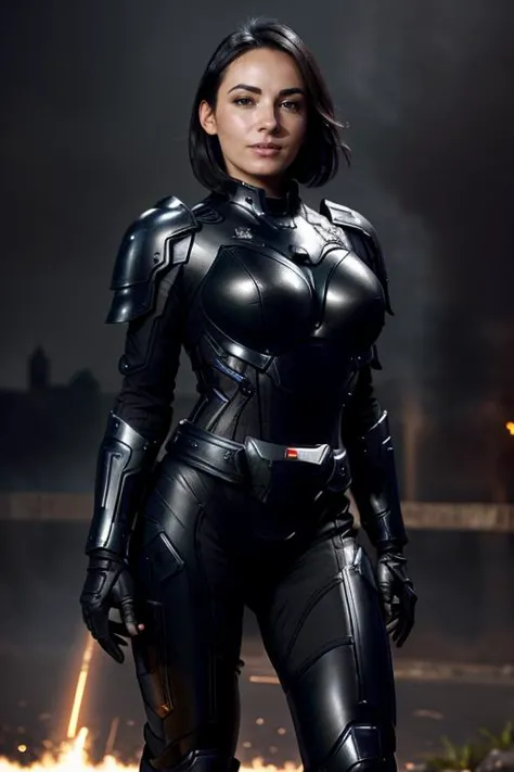 agathe auproux, short black hair, wearing mechaarmor, armor, power armor at the night, Paris, ruins, flames, posing, teasing, nice ass, ultrahd, realistic, perfect face, perfect body, nsfw, cleavage, realistic, ultra-detailed face, ultra-detailed eyes   