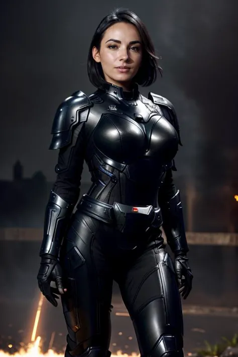 <lora:Agathe_Auproux:0.5> agathe auproux, short black hair, wearing <lora:mechaarmor_v0.7:0.4> mechaarmor, armor, power armor at the night, Paris, ruins, flames, posing, teasing, nice ass, ultrahd, realistic, perfect face, perfect body, nsfw, cleavage, realistic, ultra-detailed face, ultra-detailed eyes   <lora:add_detail:0.3>