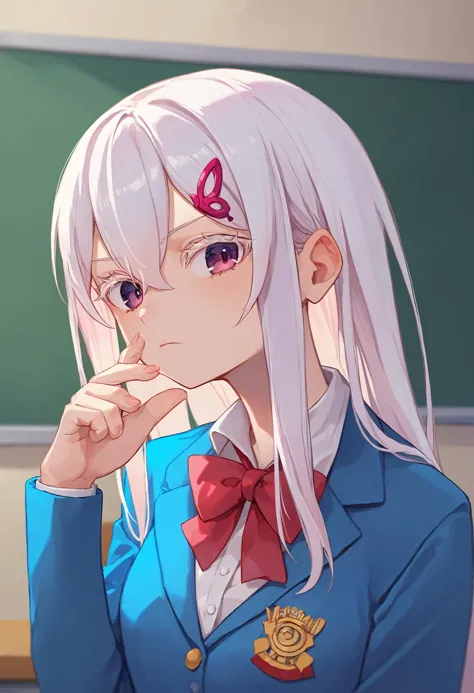 anime girl with white hair and blue jacket in front of a chalkboard