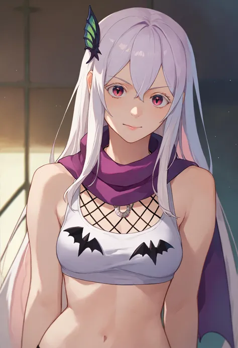 a woman with long white hair and a purple top is posing