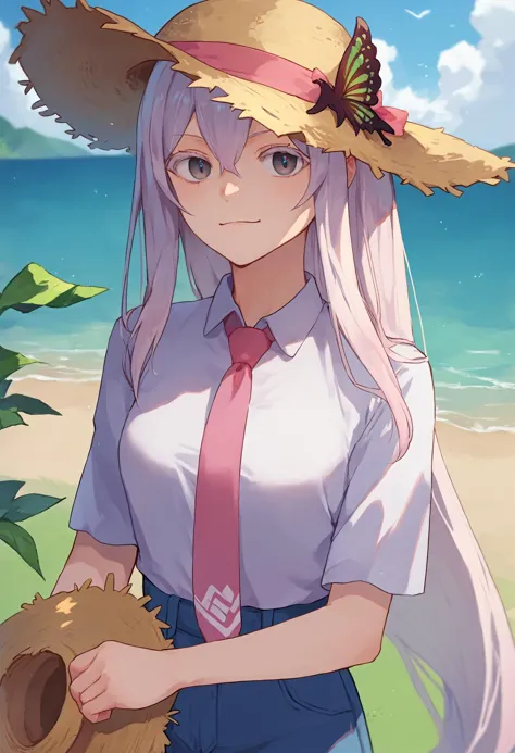 anime girl with pink hair and a straw hat on a beach