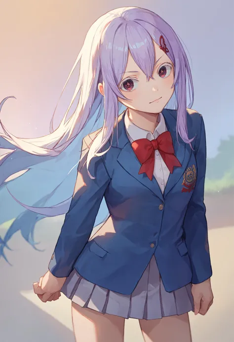 anime girl with long purple hair and blue jacket and red bow