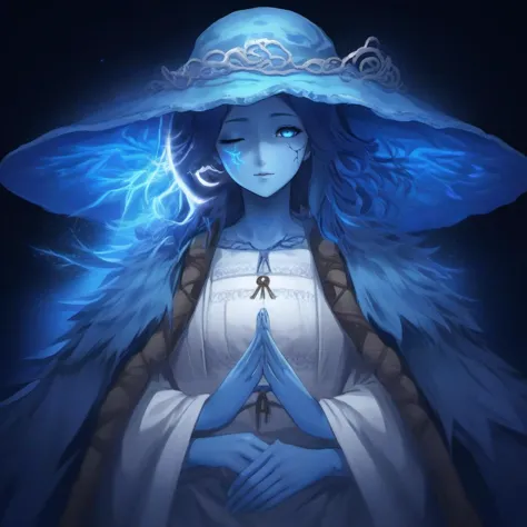 a woman in a blue hat and white dress with a blue light