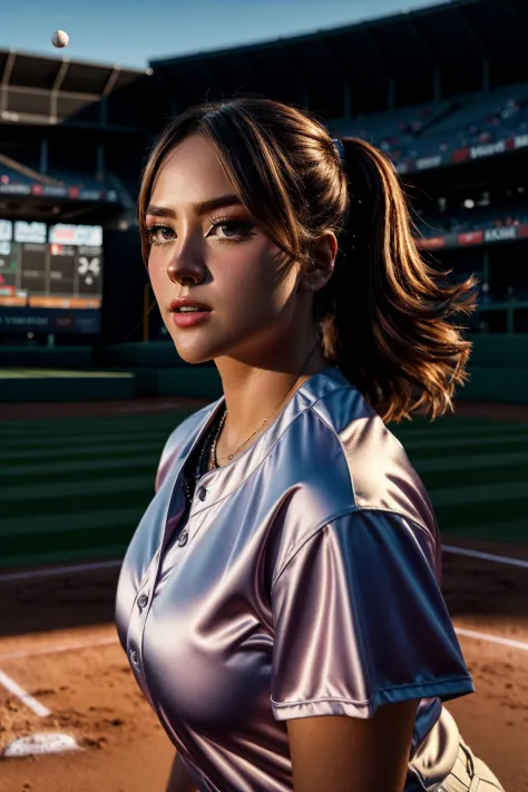 <lora:Arigameplays_v1-000009:1> rgmply, masterpiece, best cinematic quality, photorealistic highly detailed 8k raw photo, volumetric lighting, volumetric shadows, portrait, woman in satin, Pretending to hit a baseball, random dynamic background