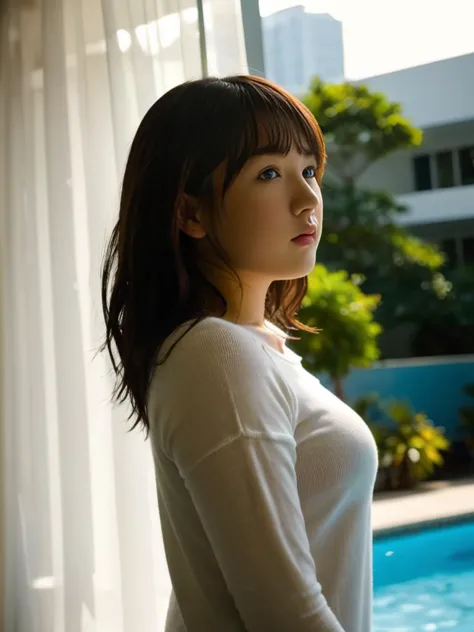 <lora:YourShinozakiAi_SDXL:.7> highres,best quality ,((Shinozaki Ai)),japanese woman, (close-up:2), (natural lighting) ,(from side),  (white sweater),(dyanmic posing) (see-through curtain), pool, tree,hotel city,