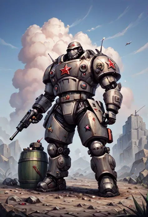 score_9, score_8_up, score_7_up, HD, high res, masterpiece, (mech suit), battle mech, (human-like mech:0.9), Soviet, battlefield, tank armor, (no head), (headless mech), rough construction, (ww2 mech), ww2 Soviet military, mecha arms, mecha legs, holding gun, machine gun, barrel from torso, Soviet star, red star, star on shoulders, green hull, square shapes, ww2 tank body, kv-2 tank body, anime clouds, smoke in the distance, painted metal, detailed metal, detailed battleground