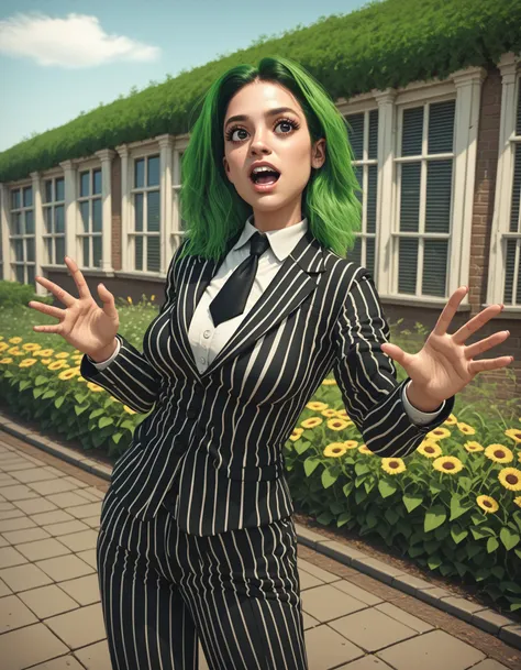 there is a woman with green hair and a suit on posing