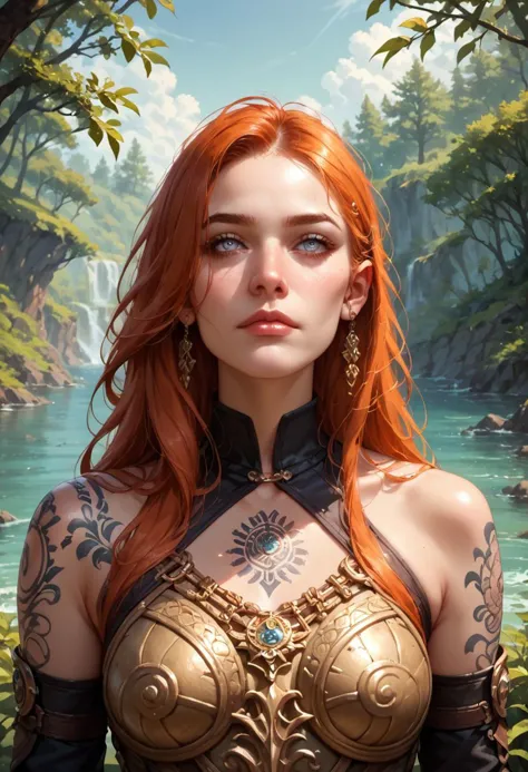 a woman with red hair and tattoos standing in front of a river