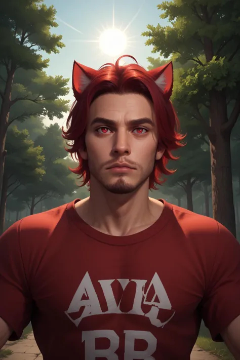 a man with red hair and a red shirt with a cat ears