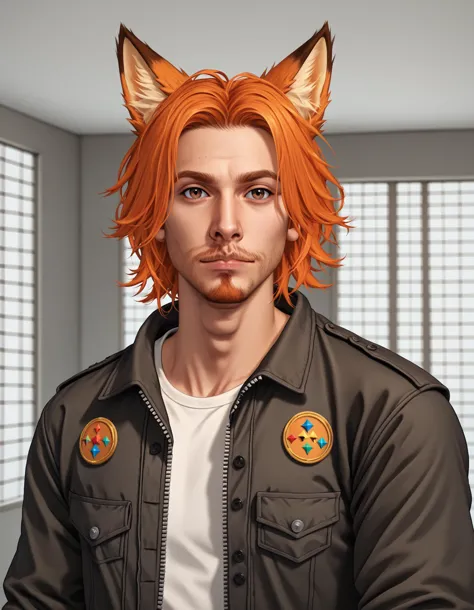 a close up of a person with orange hair and a jacket