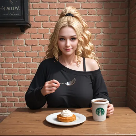 blonde woman sitting at a table with a cup of coffee and a pastry