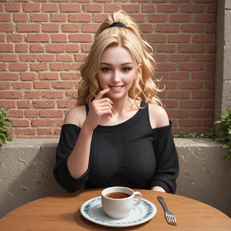 blonde woman sitting at a table with a cup of coffee