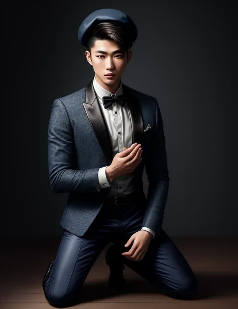 ((best quality)), ((masterpiece)), ((realistic)), (detailed),  male young adult sleek east asian wearing navyblue piqu geometric...