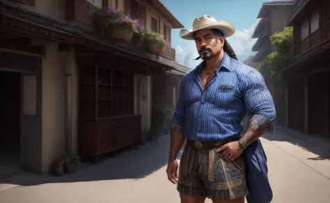 ((best quality)), ((masterpiece)), ((realistic)), (detailed), male middle-aged builky polynesian wearing azure linen pinstripe h...