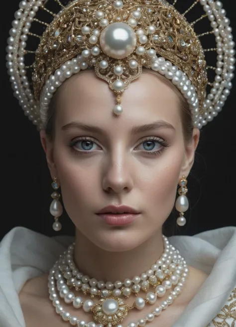 (8k, RAW photo, highest quality), hyperrealistic, insanely detailed,  with a mask on her head and a face covered in jewels and p...