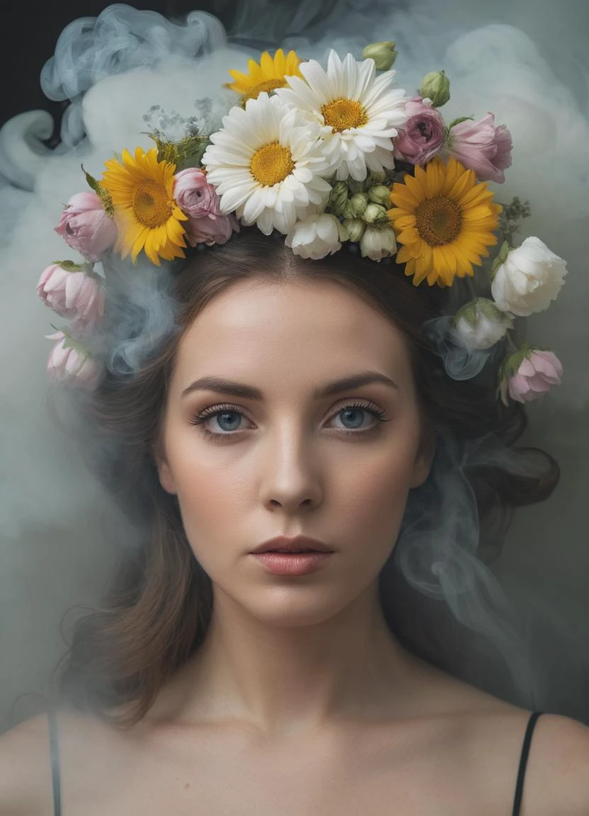 a woman with flowers on her head surrounded by smoke, looking at viewer, art photography, soft fog, made of fog, made of flowers, by Flora Borsi, 32k UHD
Photorealistic, realistic, Canon 5D Mark IV 85mm f/1.8, realistic eyes, detailed eyes,