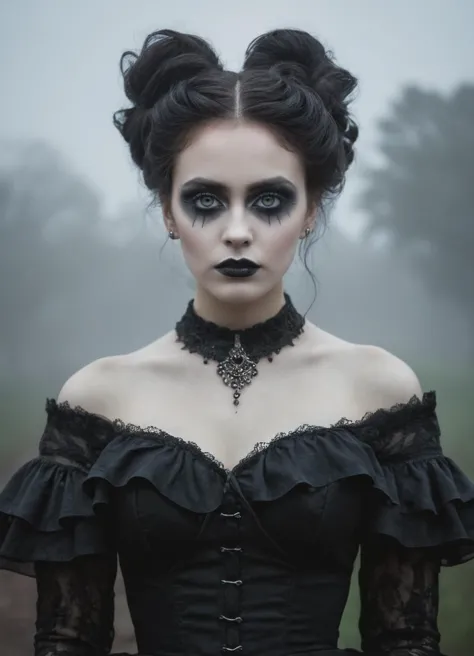 wide shot, standing in eerie haunted fog storm,
with black and white makeup, trending on deviantart, gothic art, grotesque, PICT...