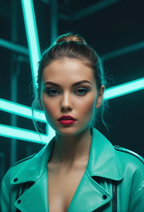 fashion photography, surrounded by neon lights, blue green and teal colors,
 32k UHD