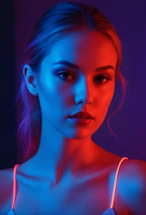 fashion photography, soft lighting, red blue and purple neon lights, 
 32k UHD