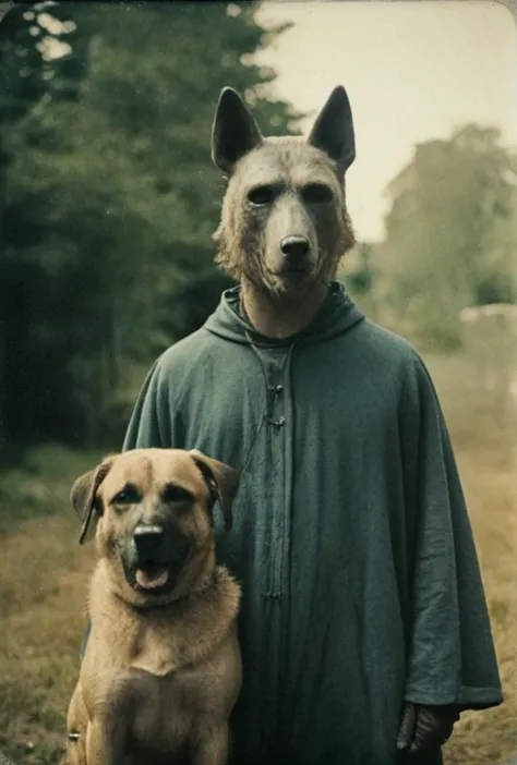 analog film photo ((spectacular analog color film photo of dogman with dog head on man body))((Christopher, dogheaded saint)(med...