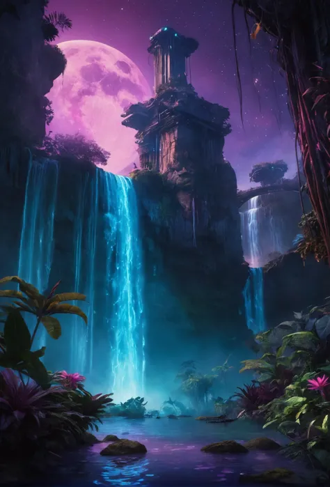 cinematic still a world where nature and technology converge in harmony. In this futuristic neon jungle, waterfalls cascade like...