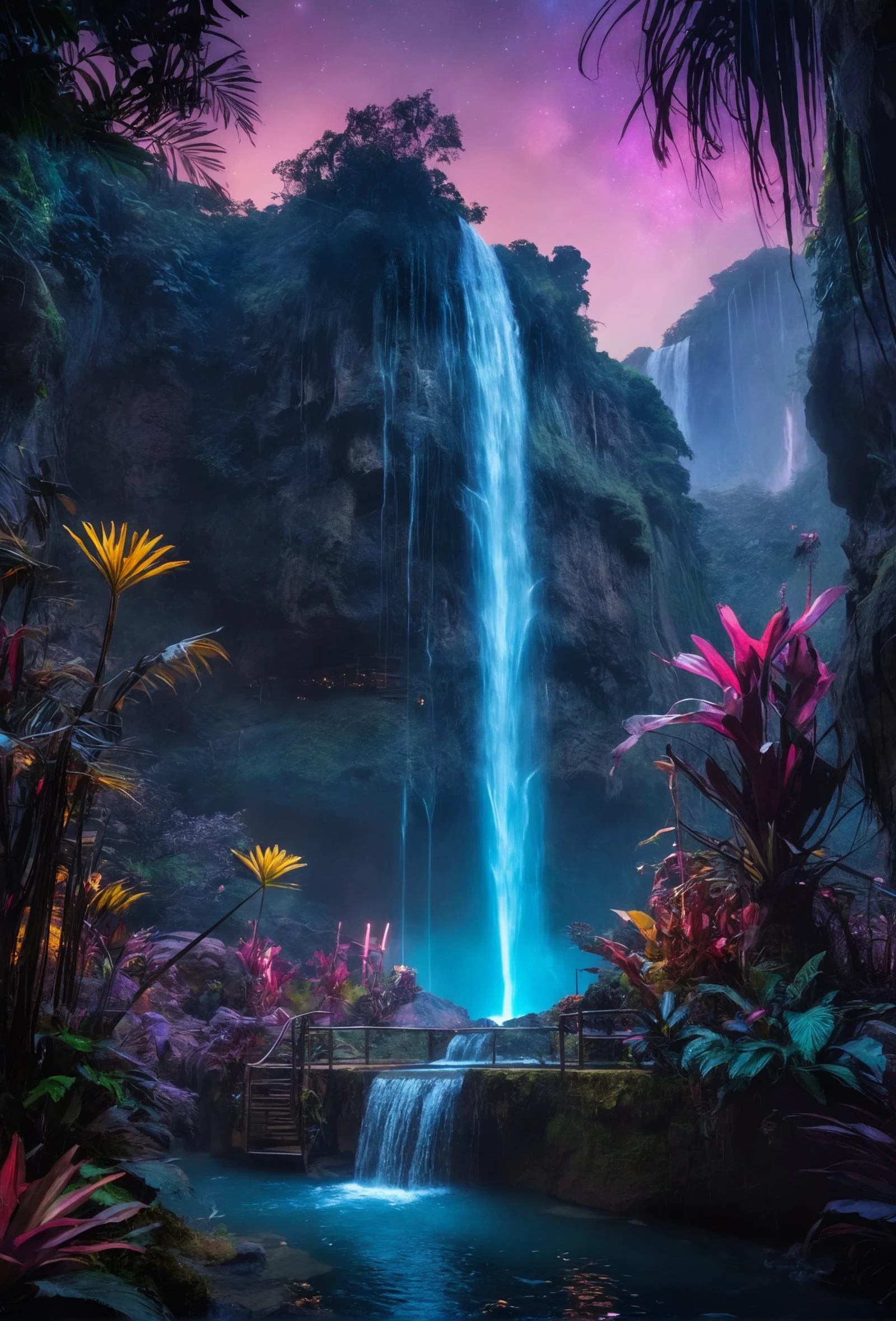 cinematic still a world where nature and technology converge in harmony. In this futuristic neon jungle, waterfalls cascade like liquid light, exotic plants pulse with bioluminescent life, and floating platforms offer a sanctuary among the stars. Under the twilight sky, the landscape is alive with vibrant blues and purples, a testament to the planetâs mysterious beauty and the advanced civilizations that respect it.â . emotional, harmonious, vignette, 4k epic detailed, shot on kodak, 35mm photo, sharp focus, high budget, cinemascope, moody, epic, gorgeous, film grain, grainy, a world where nature and technology converge in harmony. In this futuristic neon jungle, waterfalls cascade like liquid light, exotic plants pulse with bioluminescent life, and floating platforms offer a sanctuary among the stars. Under the twilight sky, the landscape is alive with vibrant blues and purples, a testament to the planetâs mysterious beauty and the advanced civilizations that respect it.â, cozy, complimentary colors, romantic, perfect composition, adventurous, cinematic, rich deep color, beautiful detailed intricate stunning great classic contemporary fine detail, ambient dramatic breathtaking professional full composed, best, epic, spectacular, unique, brilliant, artistic, pure, very inspirational, cute background, inspiring, magical atmosphere, creative, positive, lovely, marvelous, elegant