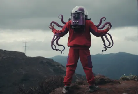 wired cyborg fishtank-head, person in Red Vintage tracksuit standing on a mountain top, hands reachinng to heaven, with a fishta...