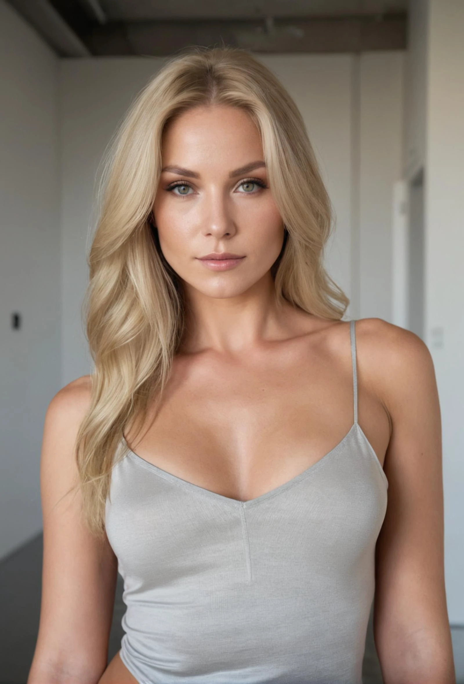 Headshot of a seductive woman, long blonde hair, wearing a light gray spaghetti strap top, facing the camera with a soft and alluring expression, in a minimalist apartment with subtle lighting, high-resolution photograph