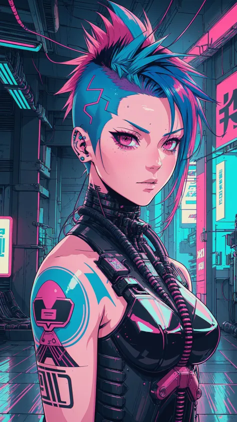 Virtual Realism, A girl with short multicolored pink teal and blue hair faux hawk style, red eyes, outdoors, cyberpunk city, she...