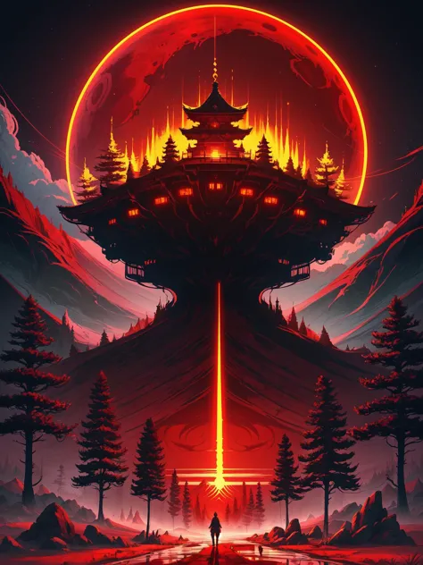 Scif-Stimmung, jenseitig, filmisch, Unheilvoller Berg, digital art, inspiriert von Cyril Rolando, digital art, blutroter Mond, Wald, japanischer tempel, Beeple und Jeremiah Ketner, Symmetrische digitale Illustration, Realismus | beeple, über detaillierte Kunst, Musikalbumcover, unheimlich