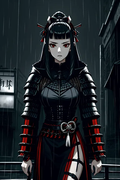 (SFW:1.2) mulher assustada vestindo armadura de samurai elegante de alta costura, noir alta costura estrutura, chuva