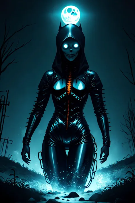 (sfw:1.2) stuffy  african woman wearing  spooky horror plugsuit, gothic spooky horror outdoor scenery, orange&blue-glow-style