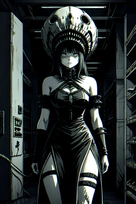 (sfw:1.2) fearful fat  girl wearing exotic sci-fi boho dress, noir sci-fi  structure, creepypasta, ivory&ebony-burn-style