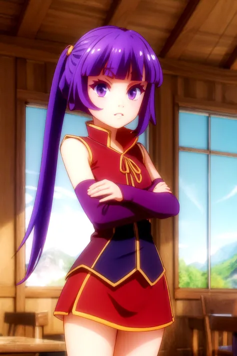 a close up of a person in a uniform with a long purple hair