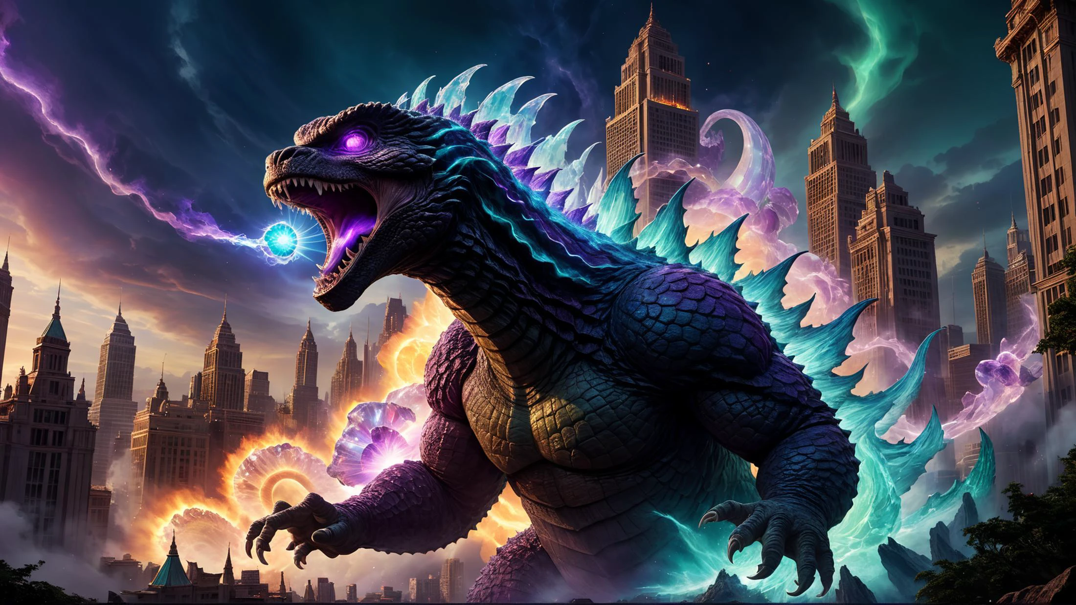 Plano general de Godzilla arrasando en el paisaje urbano de fantasía de los mitos.,  Vórtice giratorio de luz iridiscente., magia, poder luminiscente, cuarzo, amatista, opal, colores mezclados, salida, magiaal wraith, Godzilla arrojando energía bruta por la boca, tiempo olvidado, místico, formas únicas de formas de cristal, (Obra maestra:1.2), (Composición épica:1.4), (talento:1.2), Ultra detallado, iluminación cinematográfica, muy detallado, increíblemente detallado, (Fotorrealista:1.2), HDR, 8k, Exquisito, afilado, elegant, iluminación ambiental, Colores vivos de fantasía, alta calidad, 