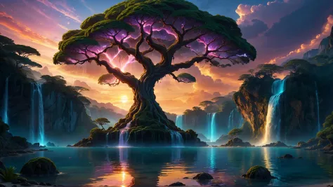 fantasy landscape, sea, giant tree, sunset, reflection, dusk, glowing waterfall, depressing, orb,, (masterpiece:1.2), (epic comp...