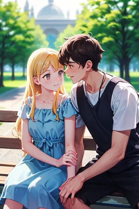 A well lit closeup photograph of a cute couple chatting in the park,<lora:hand:1>,