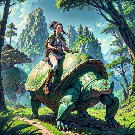 a woman riding on the back of a turtle in a forest