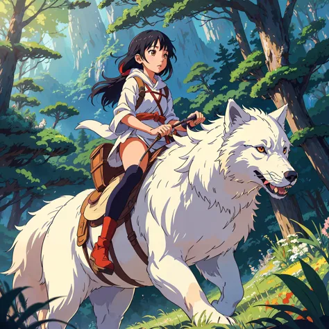 anime girl riding a white wolf in the woods