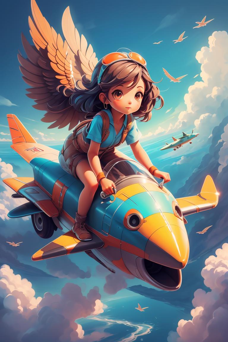 A girl riding on top of a small plane in the sky - SeaArt AI